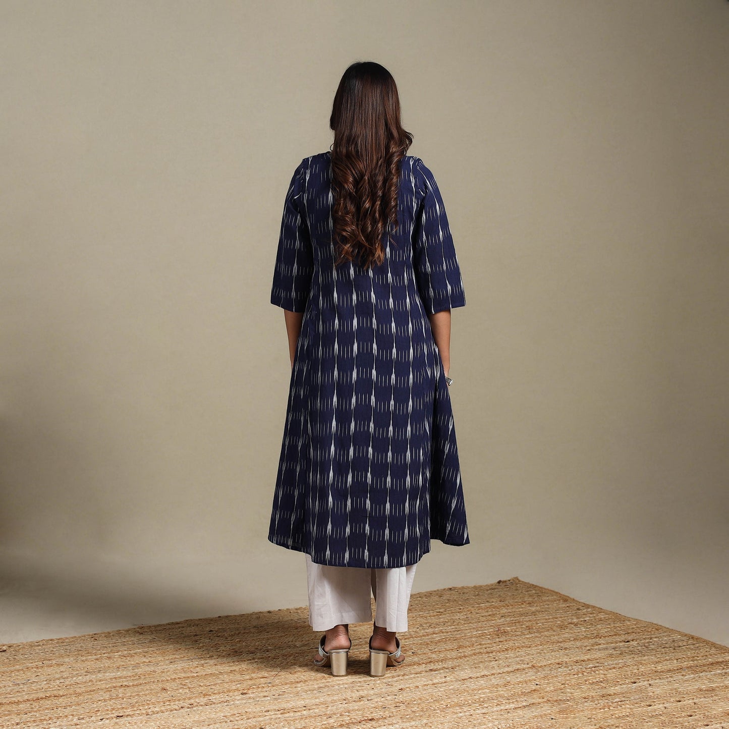 Blue - cotton a-line pochampally ikat kurta 01 - handcrafted