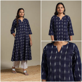 Blue - cotton a-line pochampally ikat kurta 01 - handcrafted