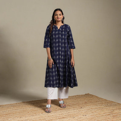 Blue - cotton a-line pochampally ikat kurta 01 - handcrafted