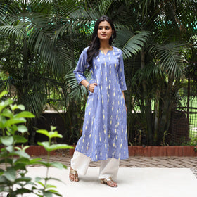 Blue Cotton A-Line Pochampally Ikat Kurta for women