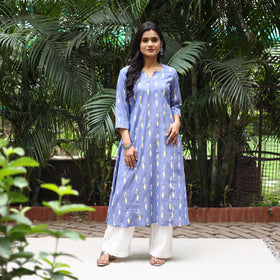 Blue Cotton A-Line Pochampally Ikat Kurta for women