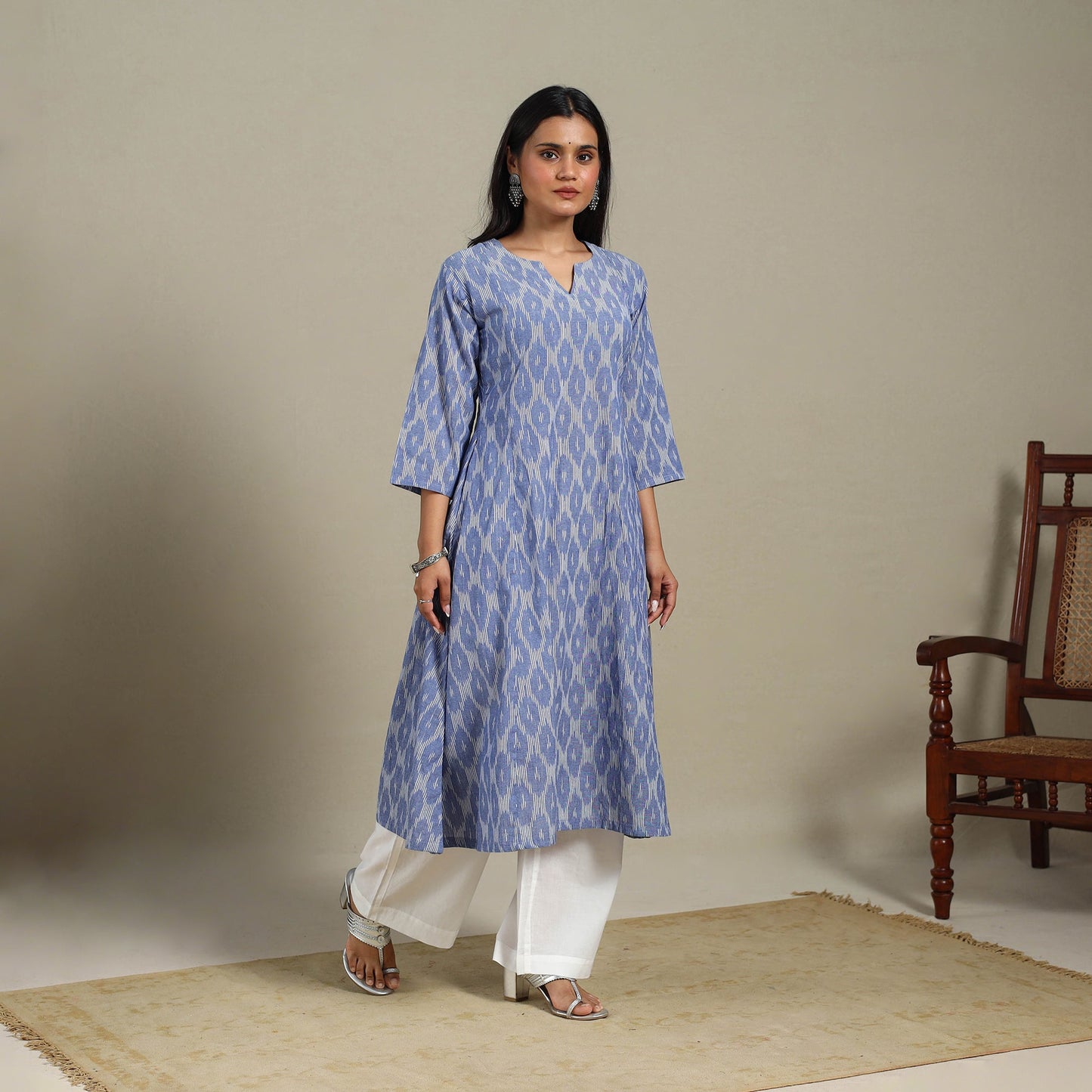 Blue - cotton a-line pochampally ikat kurta 11 - handcrafted