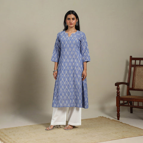 Blue - cotton a-line pochampally ikat kurta 11 - handcrafted