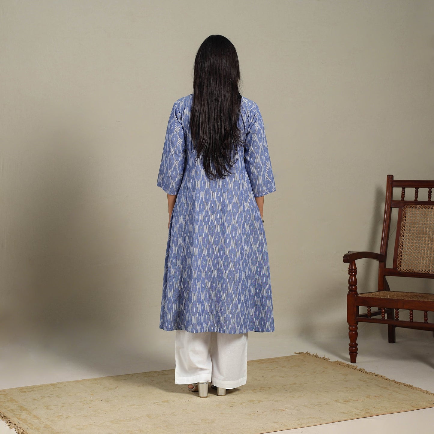 Blue - cotton a-line pochampally ikat kurta 11 - handcrafted