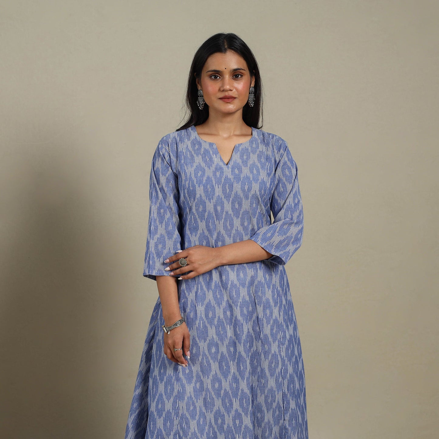 Blue - cotton a-line pochampally ikat kurta 11 - handcrafted