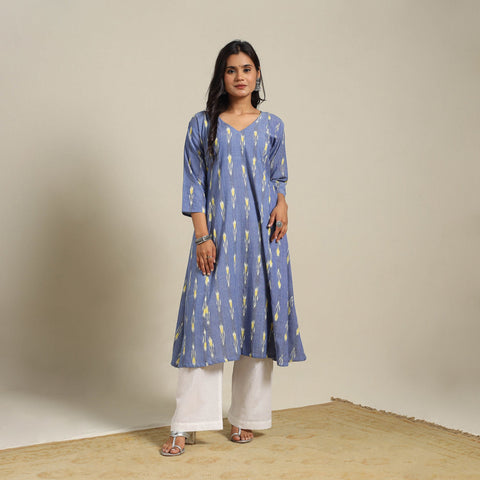Blue Cotton A-Line Pochampally Ikat Kurta