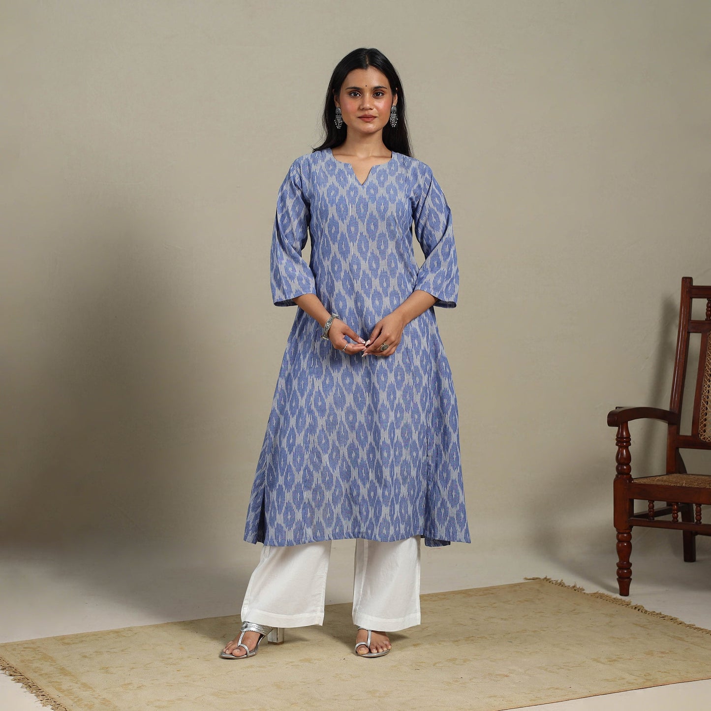 Blue - cotton a-line pochampally ikat kurta 11 - handcrafted