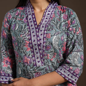 Blue - cotton a-line sanganeri kurta 01 - handcrafted