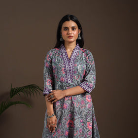 Blue - cotton a-line sanganeri kurta 01 - handcrafted