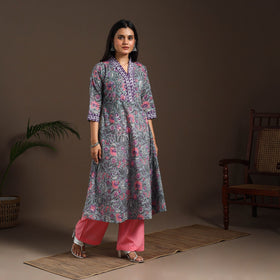 Blue - cotton a-line sanganeri kurta 01 - handcrafted