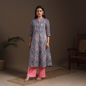 Blue - cotton a-line sanganeri kurta 01 - handcrafted