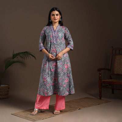 Blue - cotton a-line sanganeri kurta 01 - handcrafted