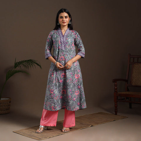 Blue - cotton a-line sanganeri kurta 01 - handcrafted