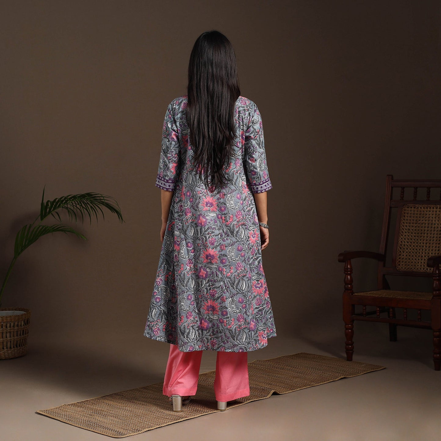 Blue - cotton a-line sanganeri kurta 01 - handcrafted