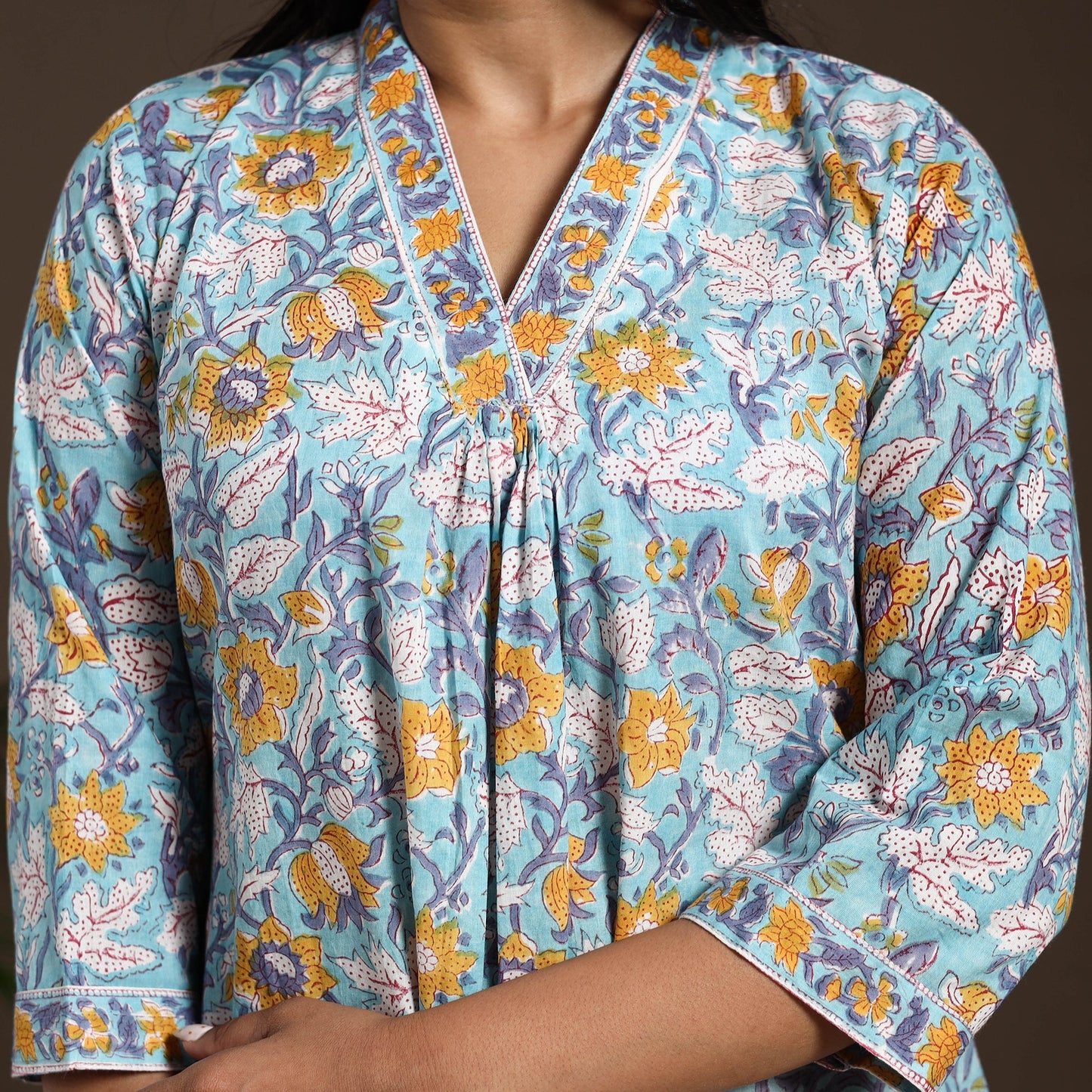 Blue - cotton a-line sanganeri kurta 02 - handcrafted