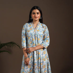 Blue - cotton a-line sanganeri kurta 02 - handcrafted