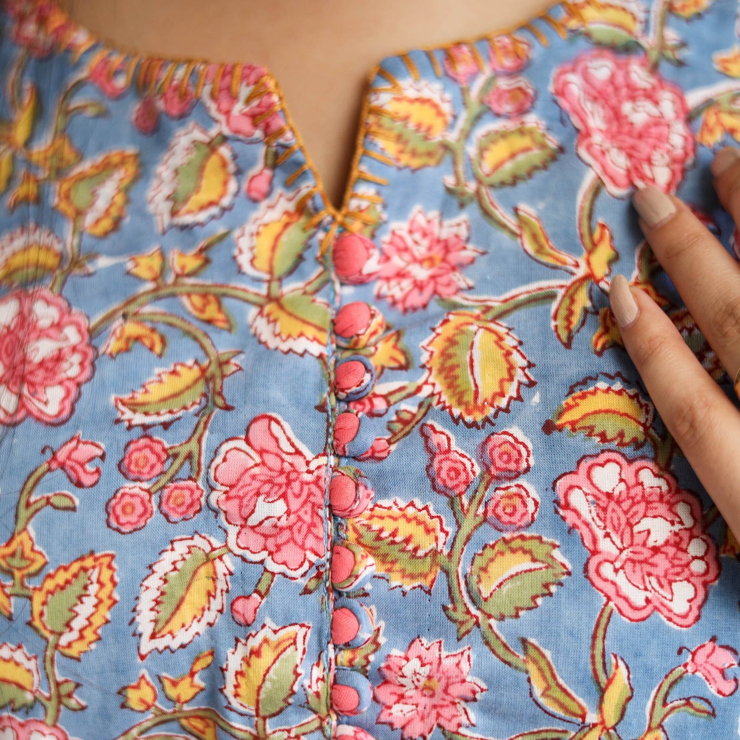 Blue Block Print Cotton A-Line Sanganeri Kurta for Women