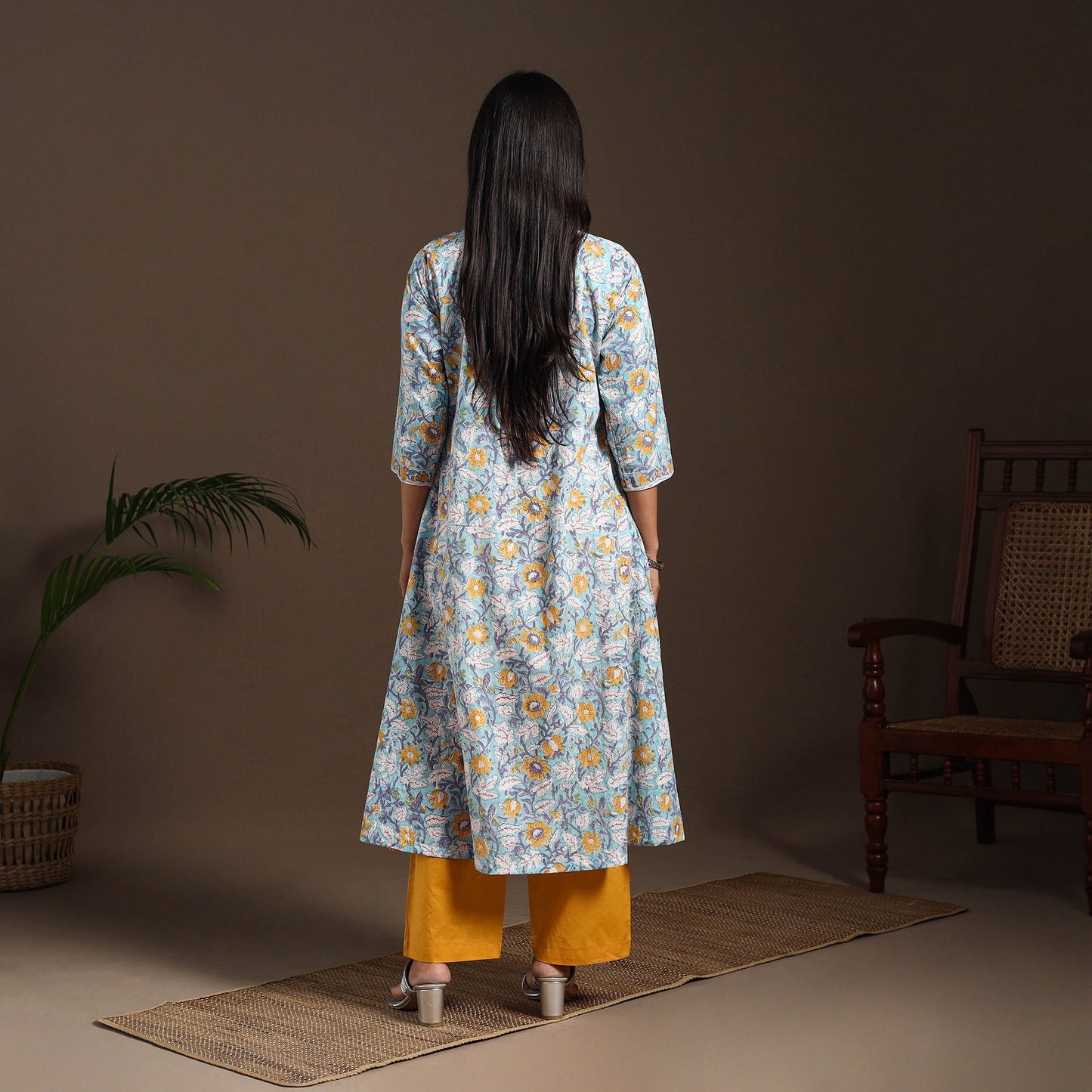 Blue - cotton a-line sanganeri kurta 02 - handcrafted