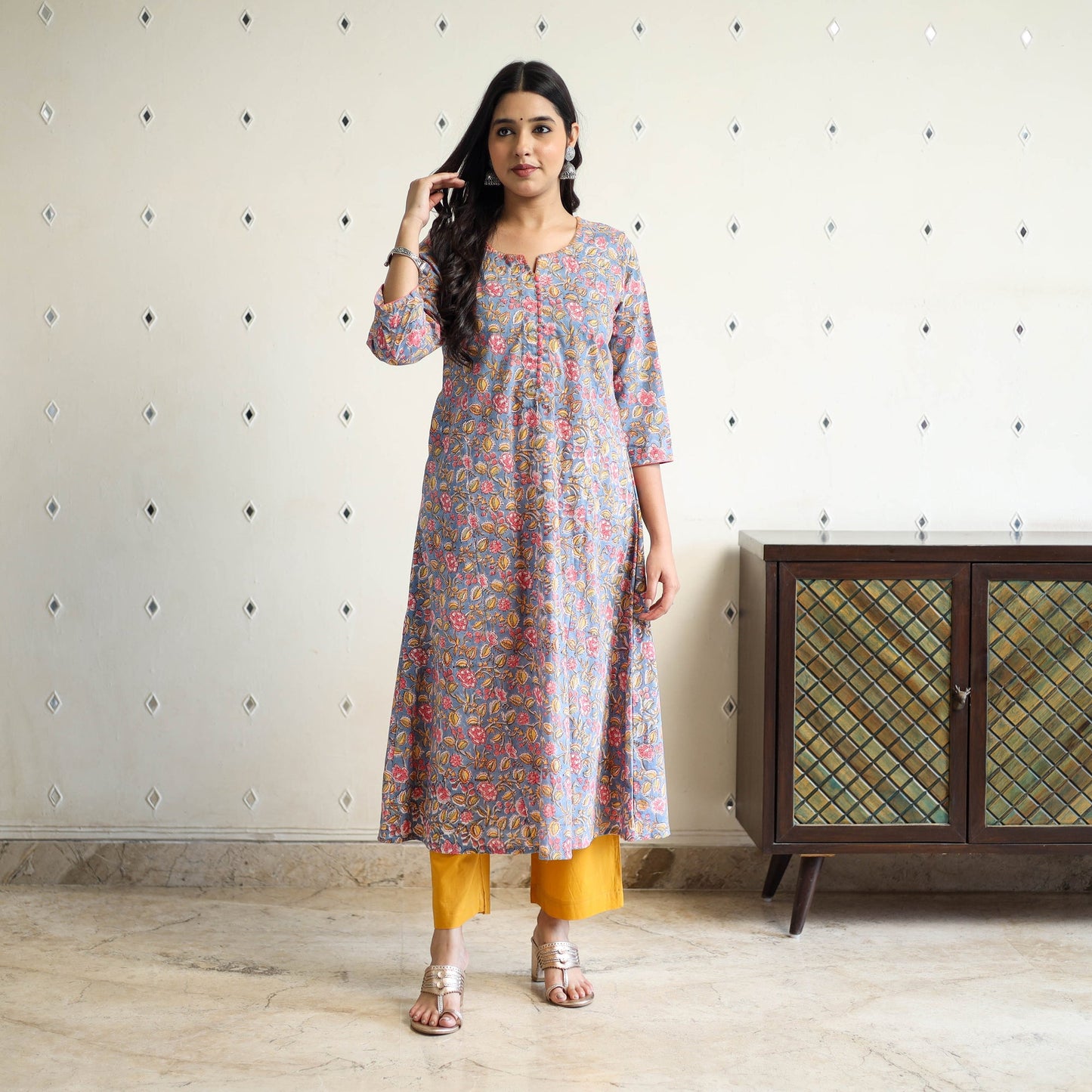 Blue Block Print Cotton A-Line Sanganeri Kurta for Women