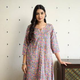 Blue Block Print Cotton A-Line Sanganeri Kurta for Women