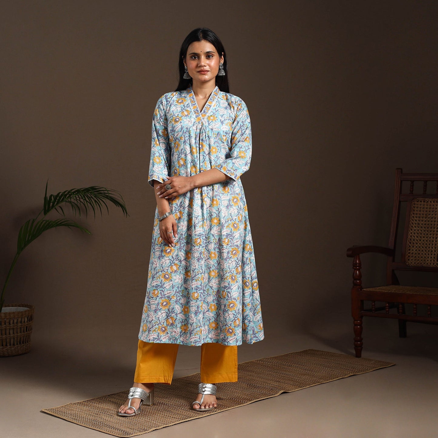 Blue - cotton a-line sanganeri kurta 02 - handcrafted