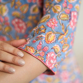 Blue Block Print Cotton A-Line Sanganeri Kurta for Women