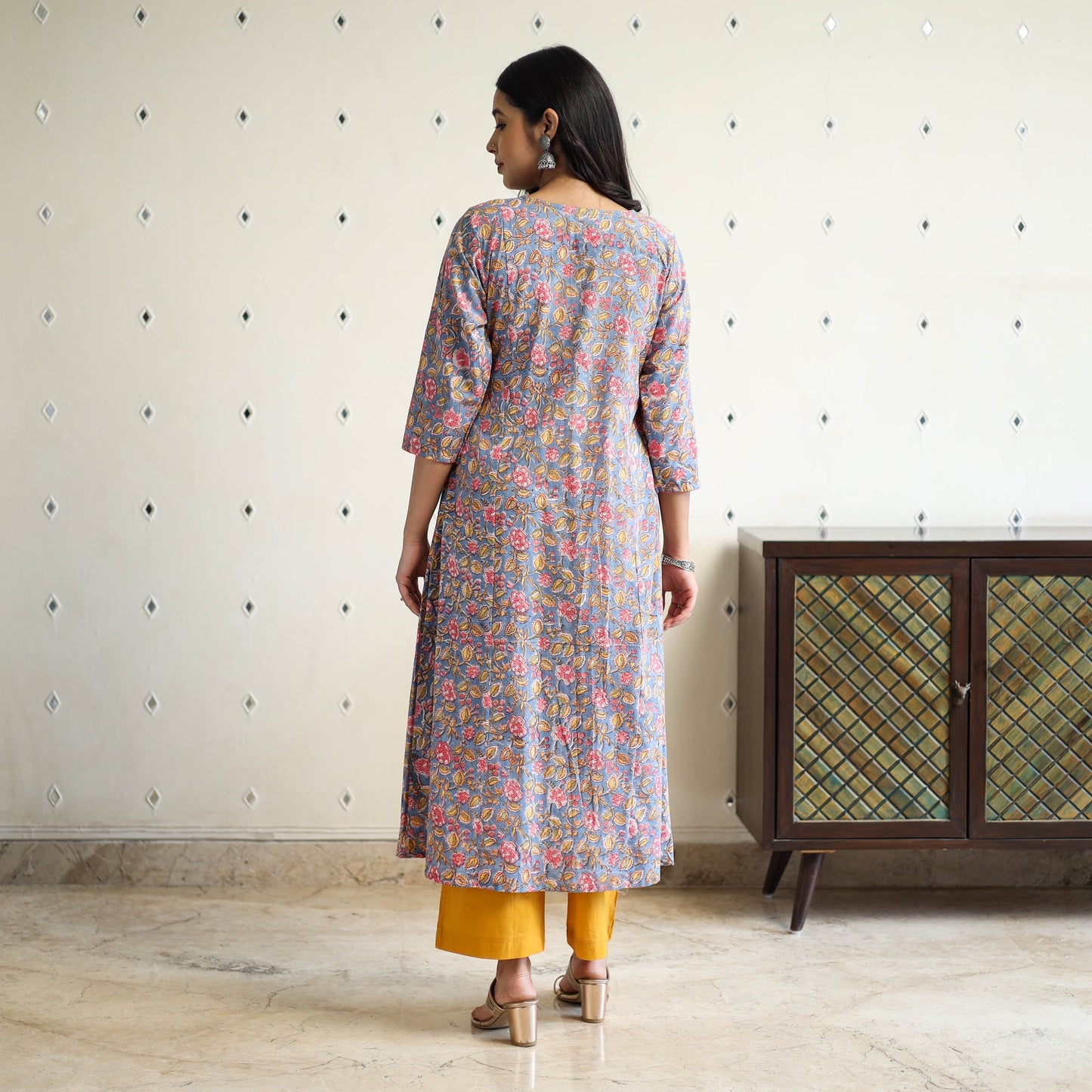 Blue Block Print Cotton A-Line Sanganeri Kurta for Women