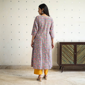 Blue Block Print Cotton A-Line Sanganeri Kurta for Women