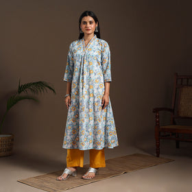Blue - cotton a-line sanganeri kurta 02 - handcrafted