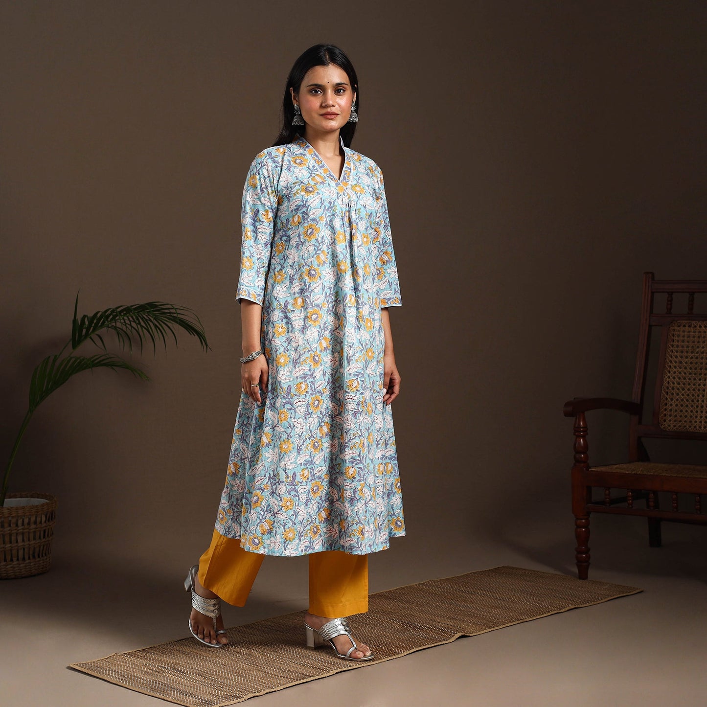 Blue - cotton a-line sanganeri kurta 02 - handcrafted