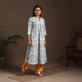 Blue - cotton a-line sanganeri kurta 02 - handcrafted