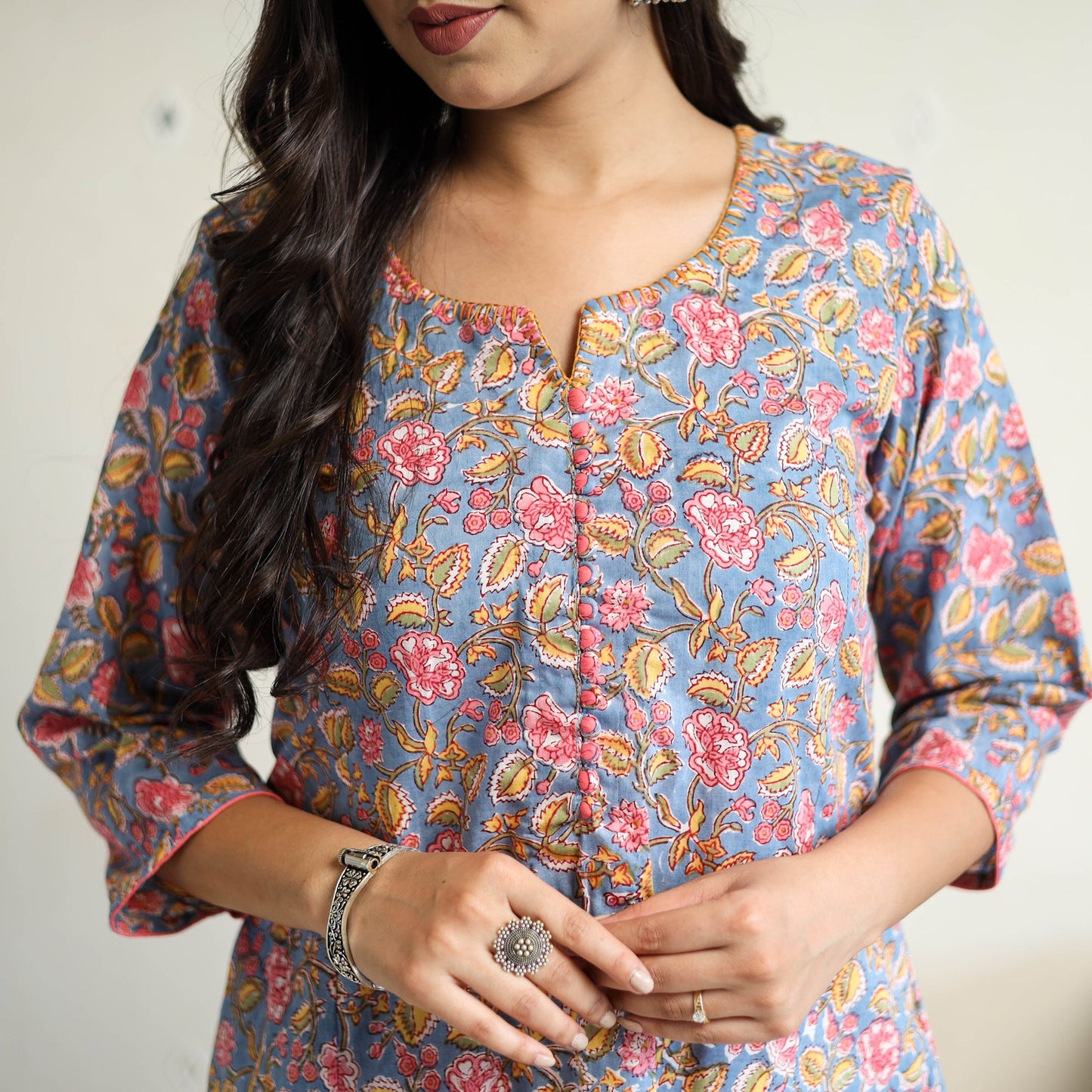 Blue Block Print Cotton A-Line Sanganeri Kurta for Women