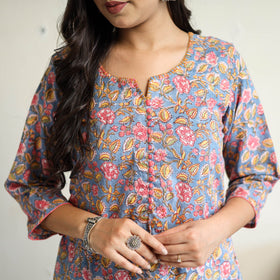 Blue Block Print Cotton A-Line Sanganeri Kurta for Women