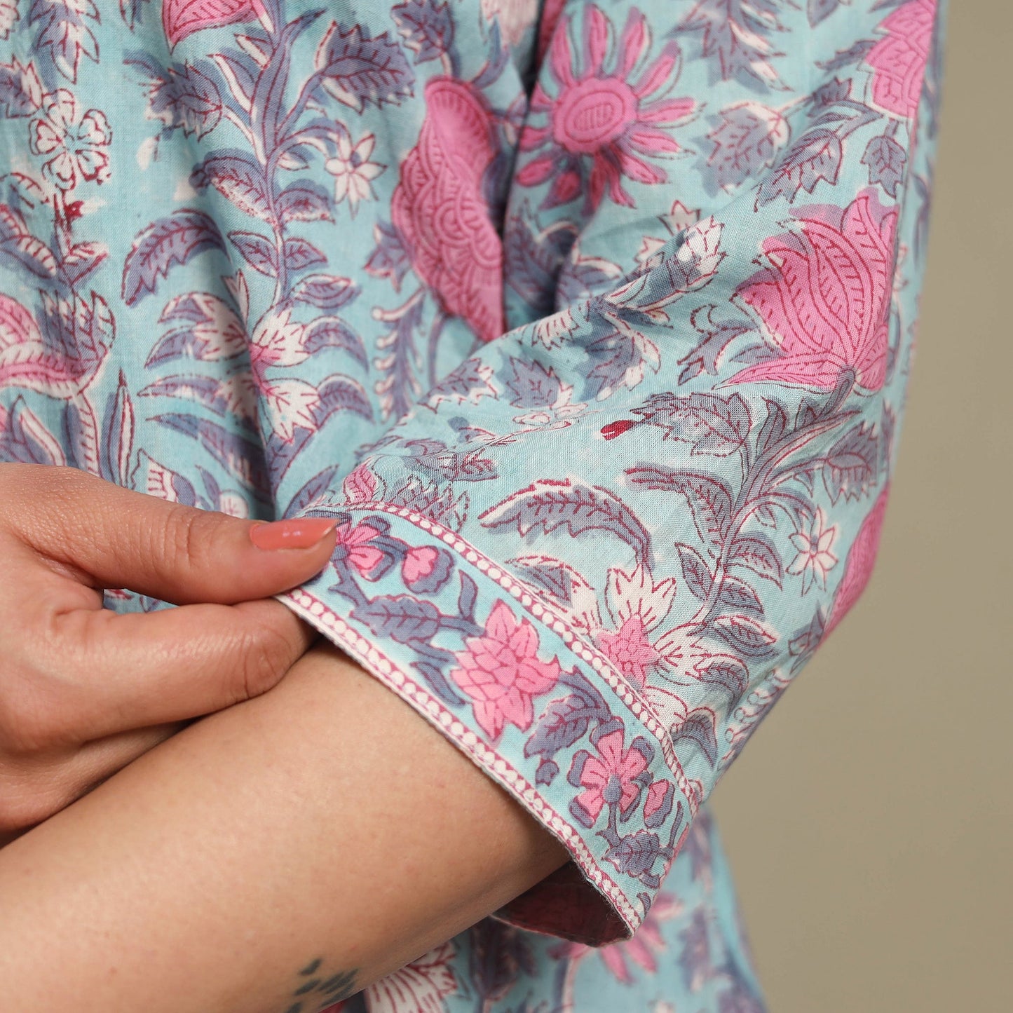 Blue - cotton a-line sanganeri kurta 04 - handcrafted