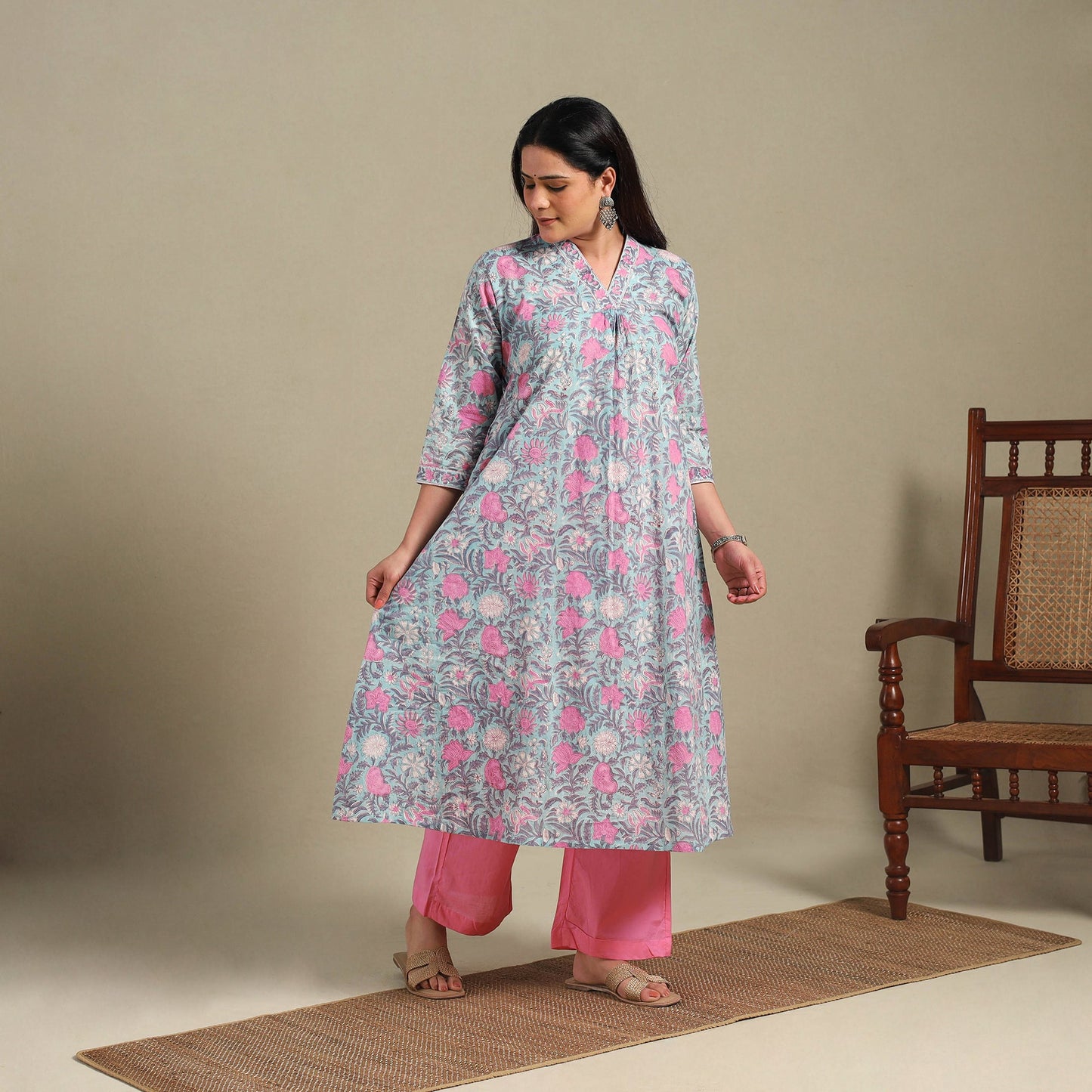 Blue - cotton a-line sanganeri kurta 04 - handcrafted