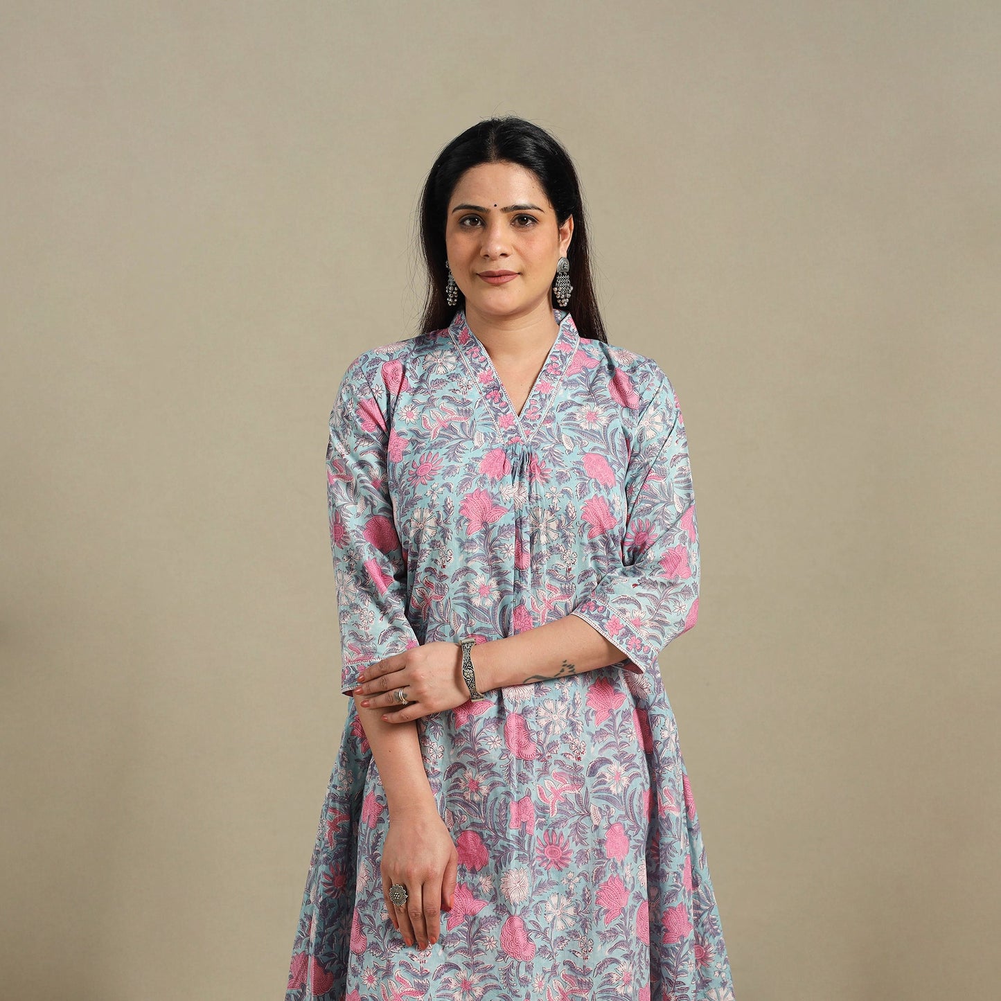 Blue - cotton a-line sanganeri kurta 04 - handcrafted