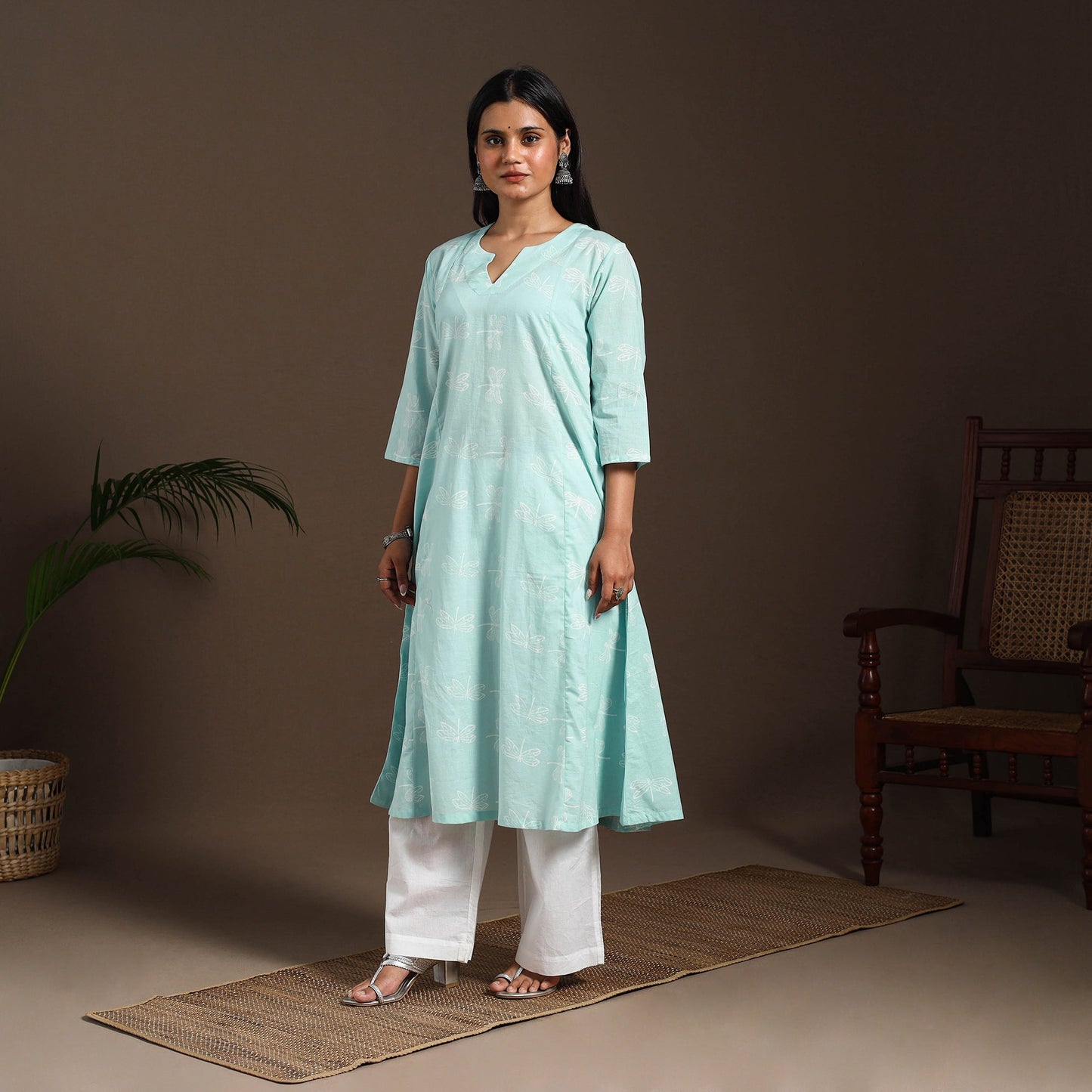 Blue - cotton a-line sanganeri kurta 08 - handcrafted