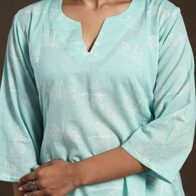 Blue - cotton a-line sanganeri kurta 08 - handcrafted