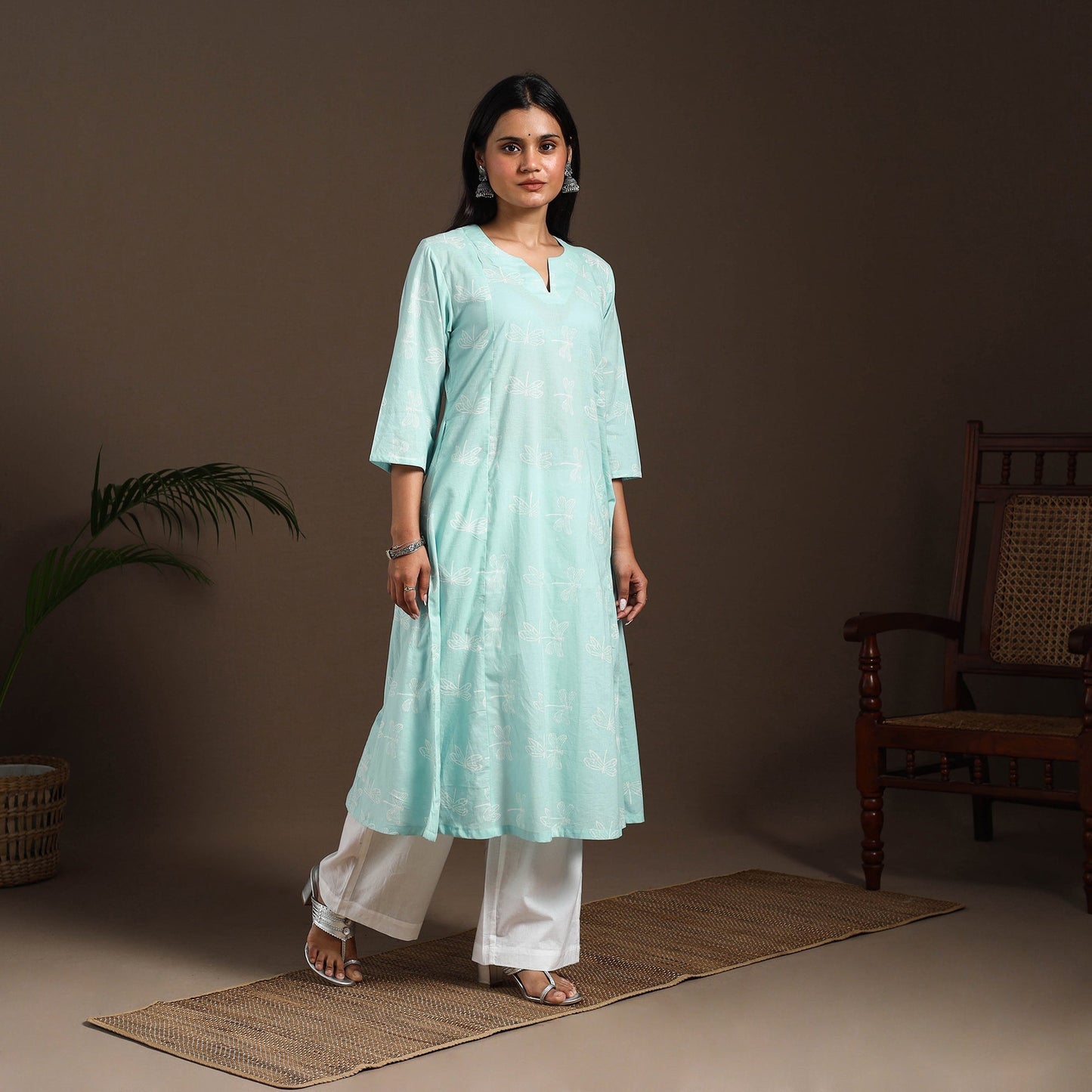 Blue - cotton a-line sanganeri kurta 08 - handcrafted