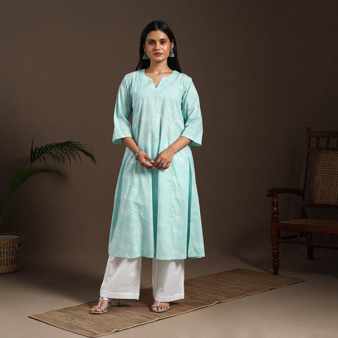 Blue - cotton a-line sanganeri kurta 08 - handcrafted