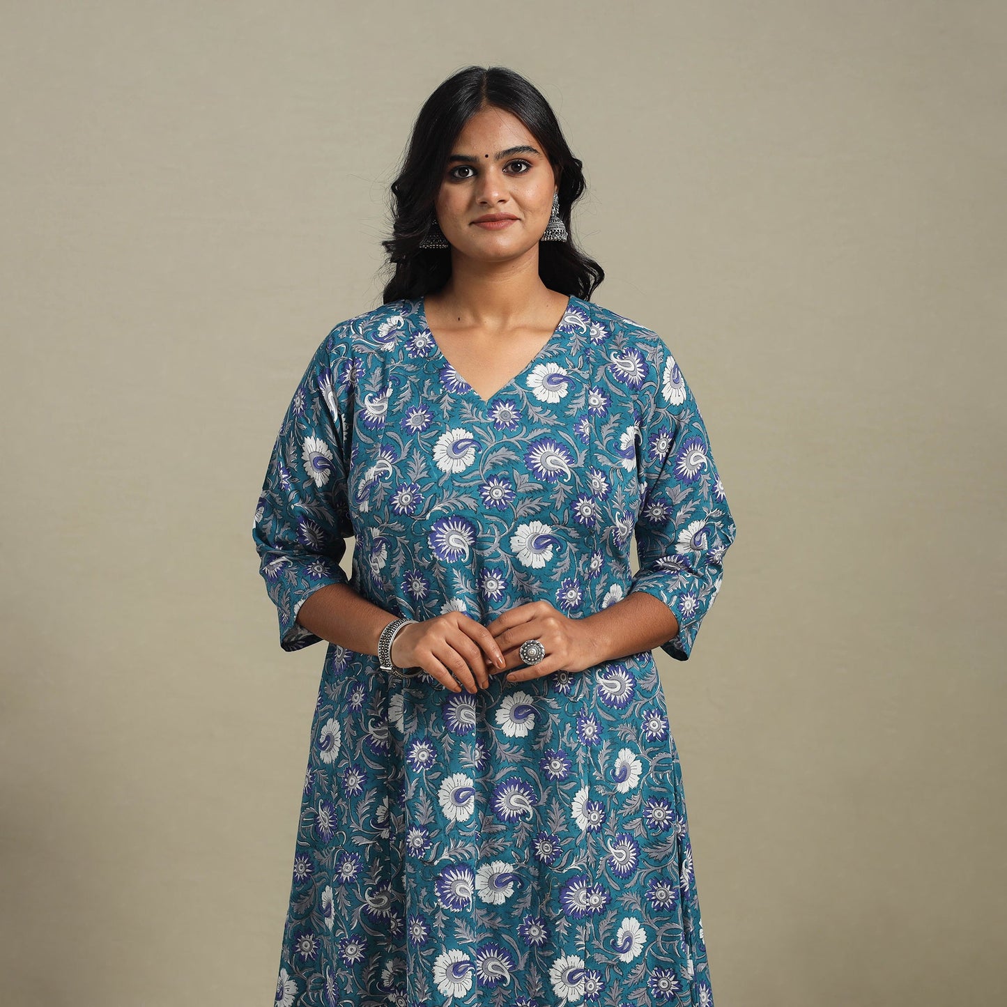 Blue Block Print Cotton A-Line Sanganeri Kurta