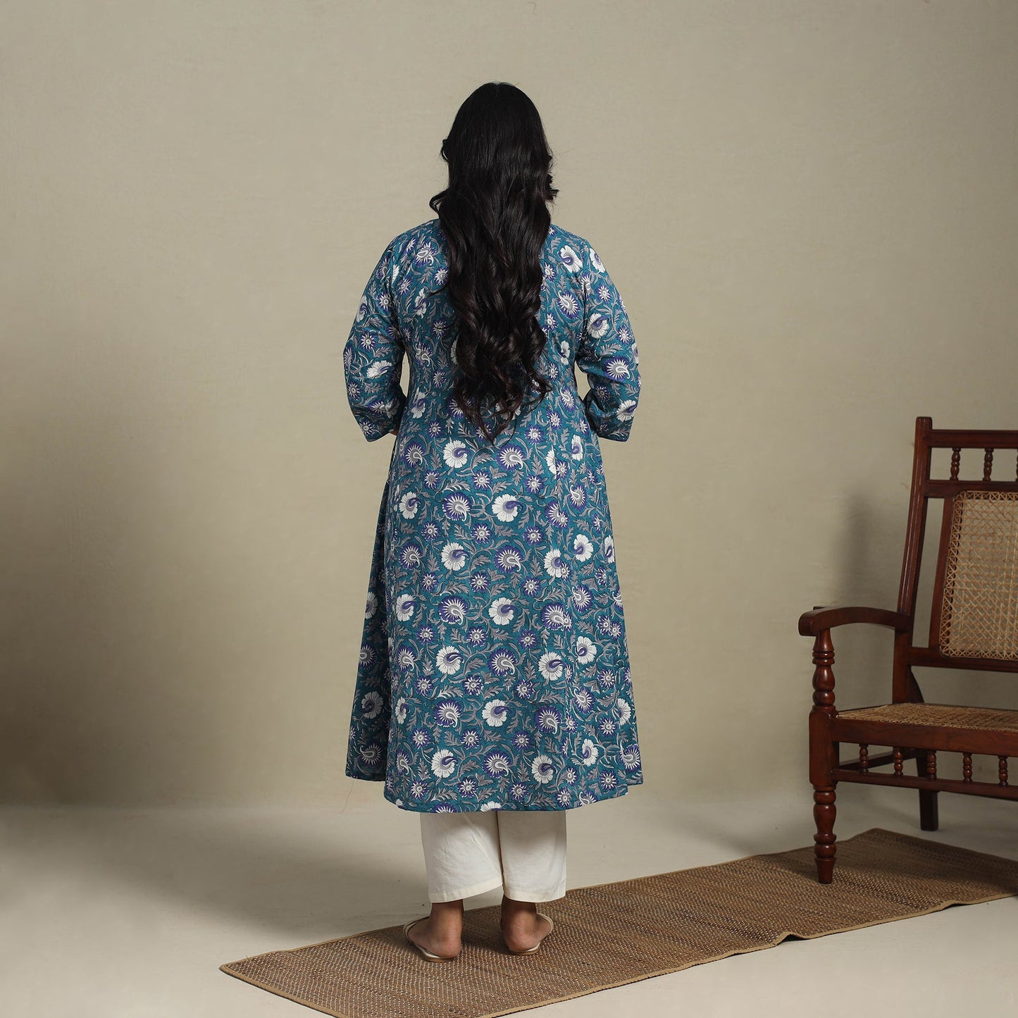 Blue Block Print Cotton A-Line Sanganeri Kurta