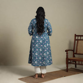 Blue Block Print Cotton A-Line Sanganeri Kurta
