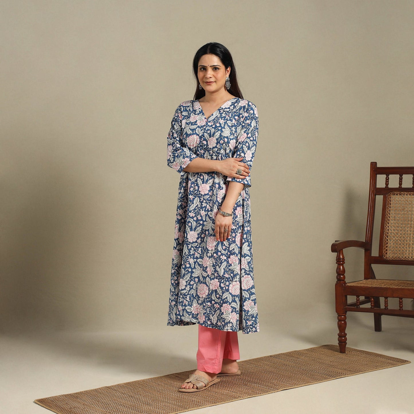 Blue - cotton a-line sanganeri kurta 11 - handcrafted