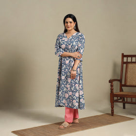 Blue - cotton a-line sanganeri kurta 11 - handcrafted