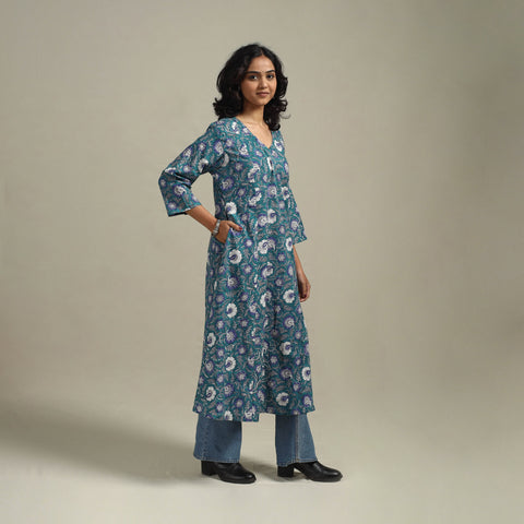 Blue - cotton a-line sanganeri kurta 11 - handcrafted