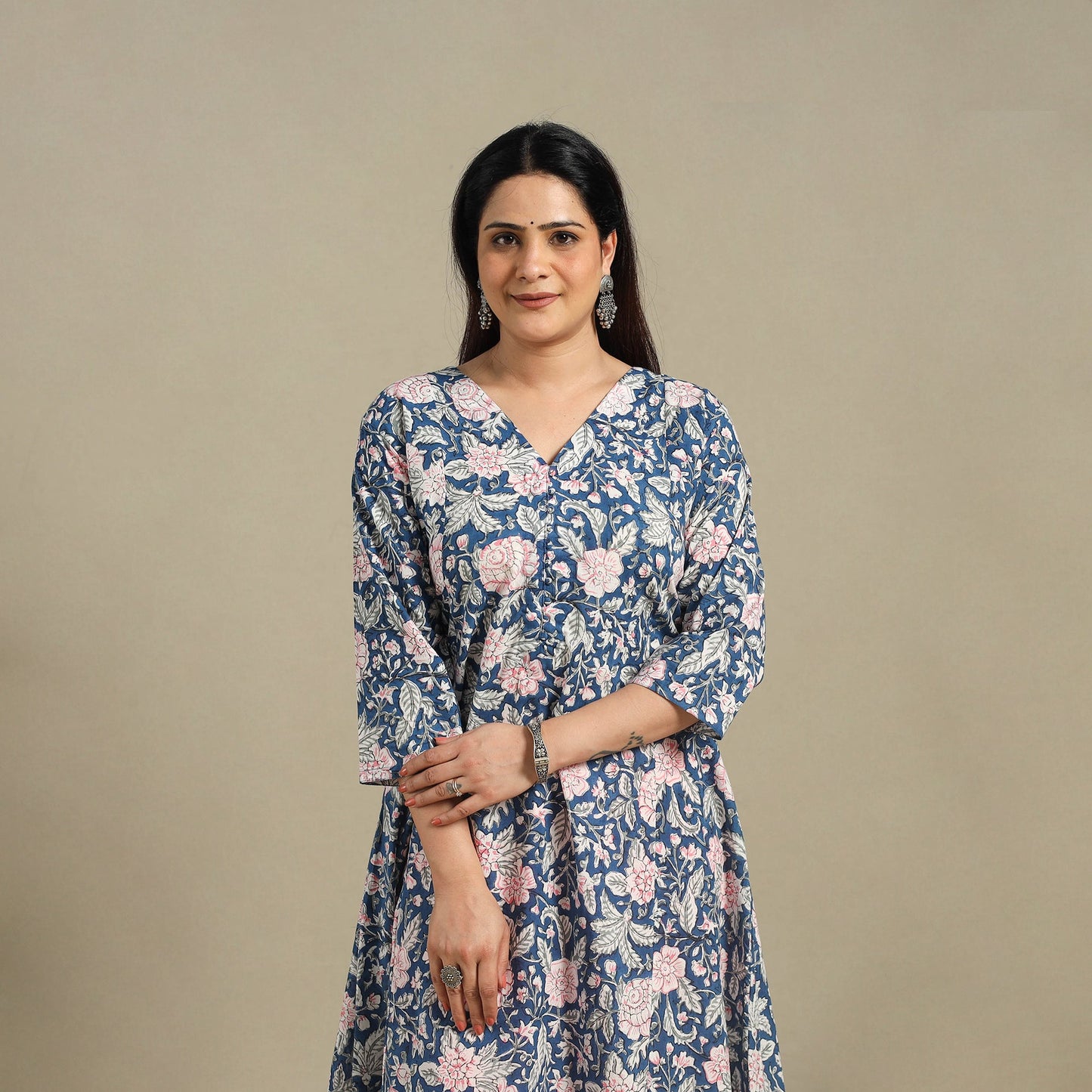 Blue - cotton a-line sanganeri kurta 11 - handcrafted