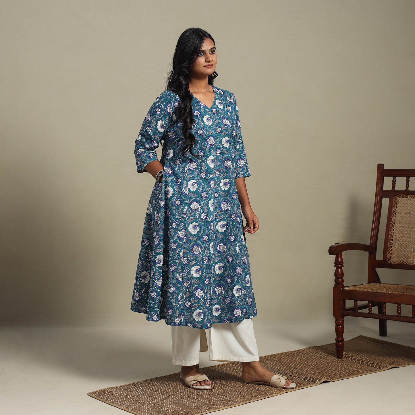 Blue Block Print Cotton A-Line Sanganeri Kurta