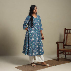 Blue Block Print Cotton A-Line Sanganeri Kurta