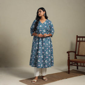 Blue Block Print Cotton A-Line Sanganeri Kurta
